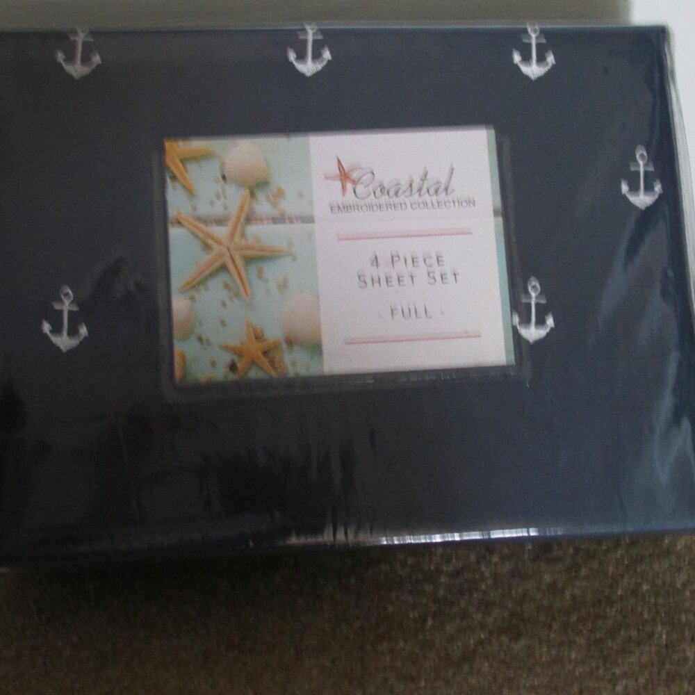 Coastal Collection Embroidered Navy Blue Sheet Set FULL